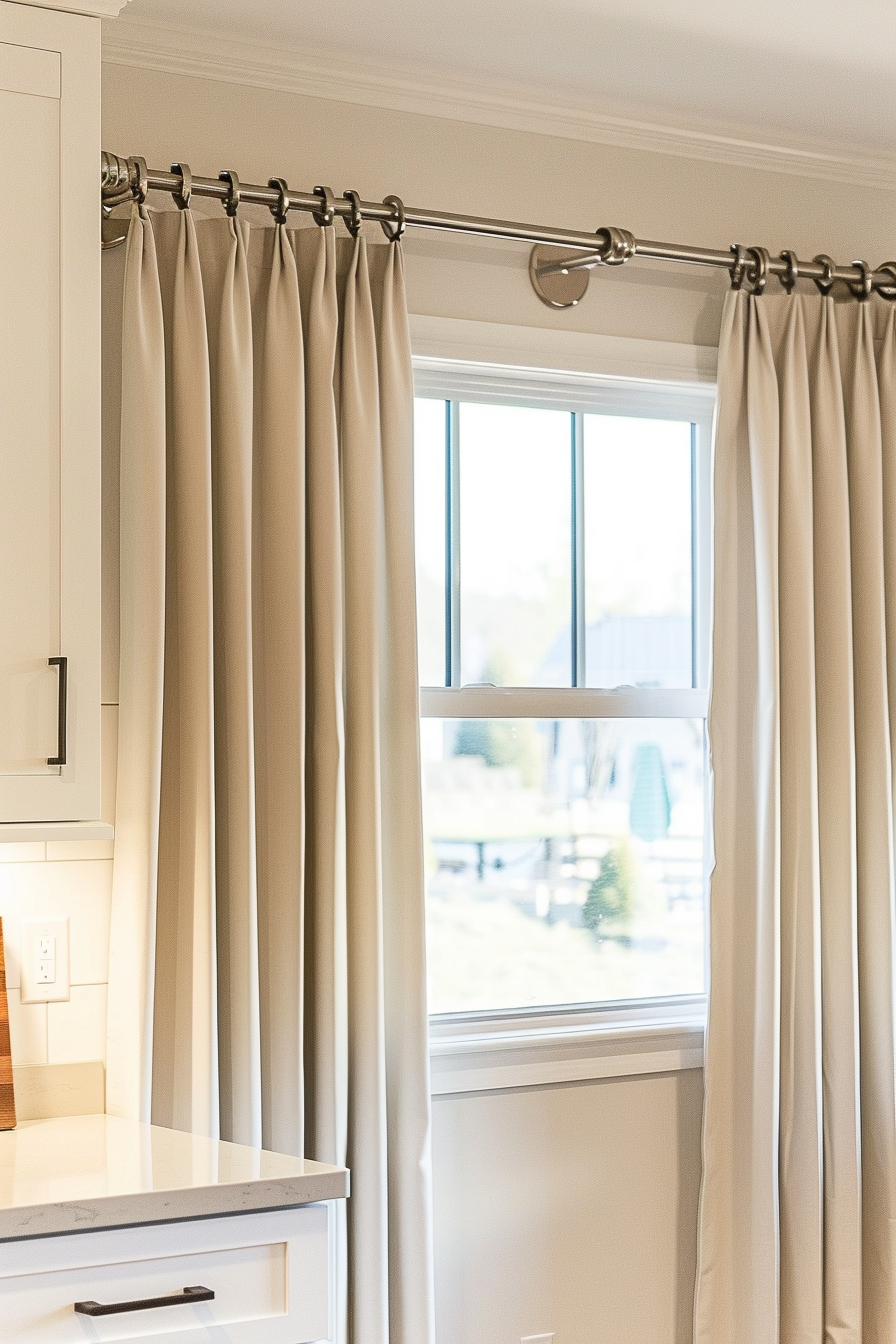 Elegant beige curtains hanging on a metal rod in a sunlit room with a view of the yard through an open window.