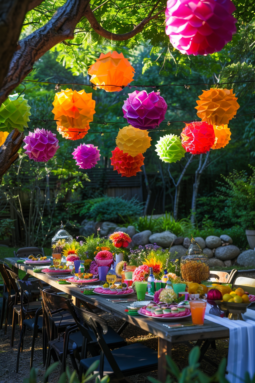 Outdoor table setting with colorful paper lanterns hanging above and vibrant flowers decorating the table in a garden setting.