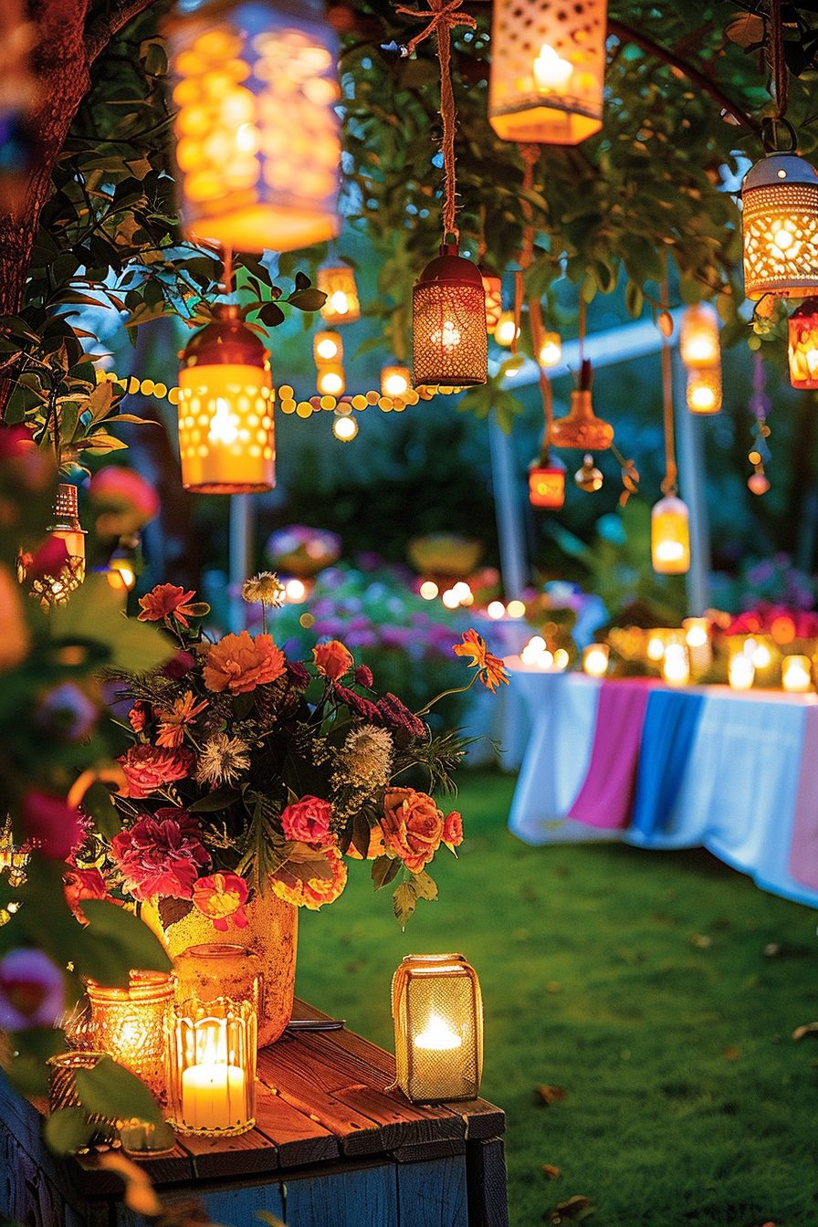 A cozy nighttime garden scene with hanging lanterns, twinkling lights, and a table adorned with vibrant flowers and candles.