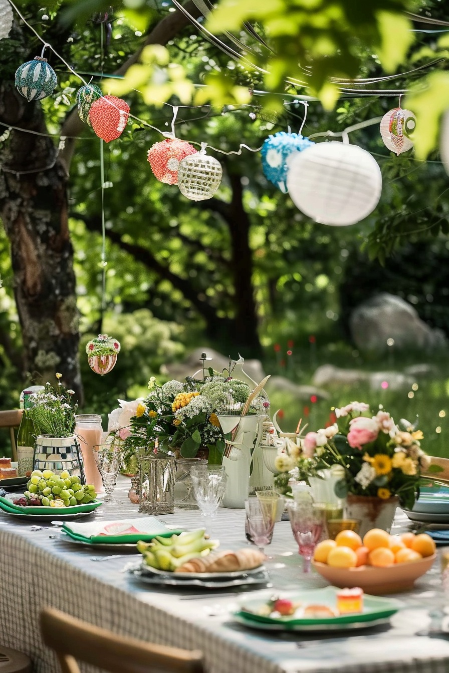 Outdoor garden party table setup with hanging lanterns, flowers, and a spread of food and drinks on a sunny day.