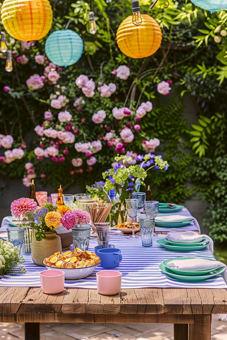 A colorful garden party setup with a festively set table, paper lanterns, flowers, and a food-filled bowl under the sunlight.