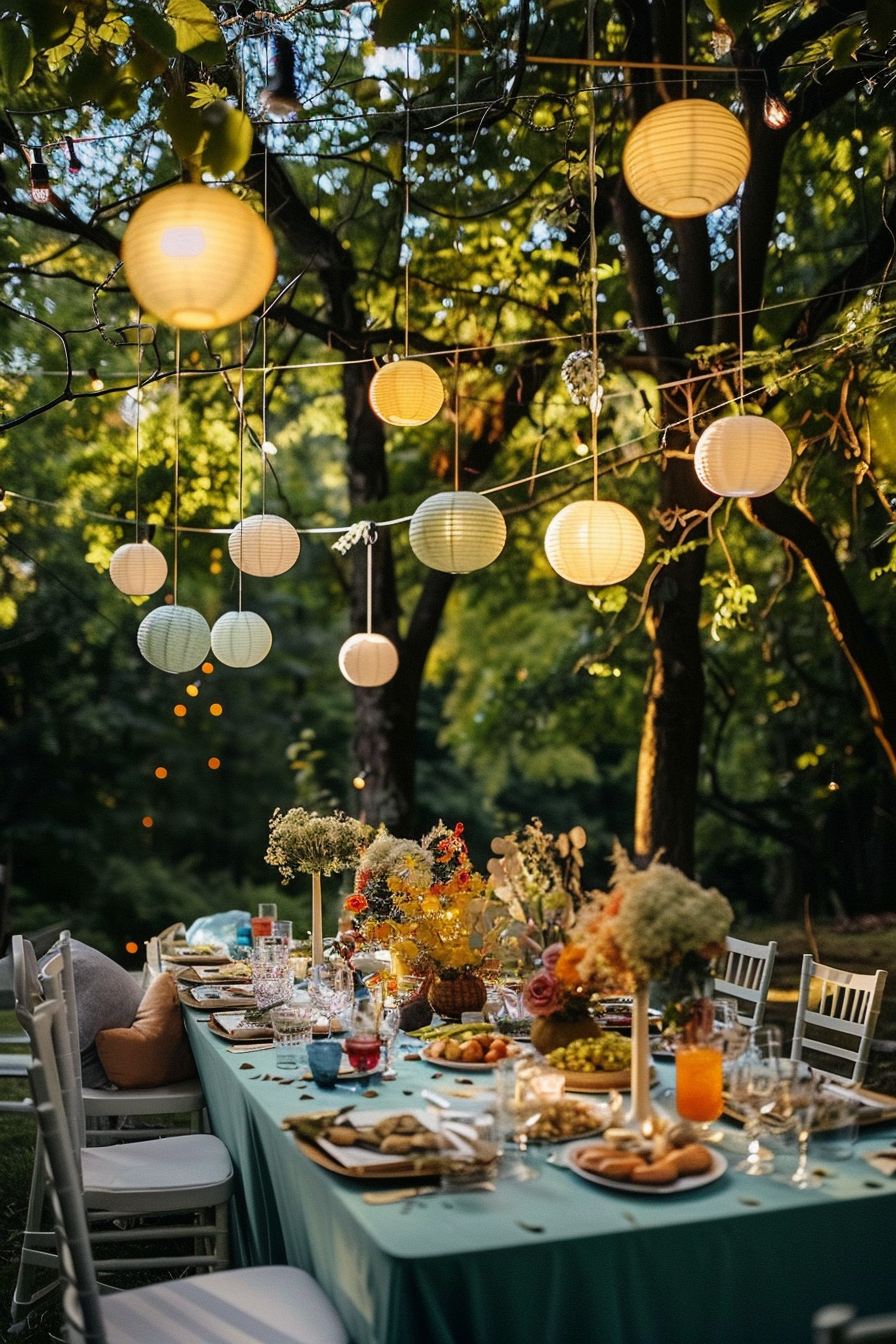 Outdoor dining table set for a meal under hanging paper lanterns with a backdrop of trees in evening light.