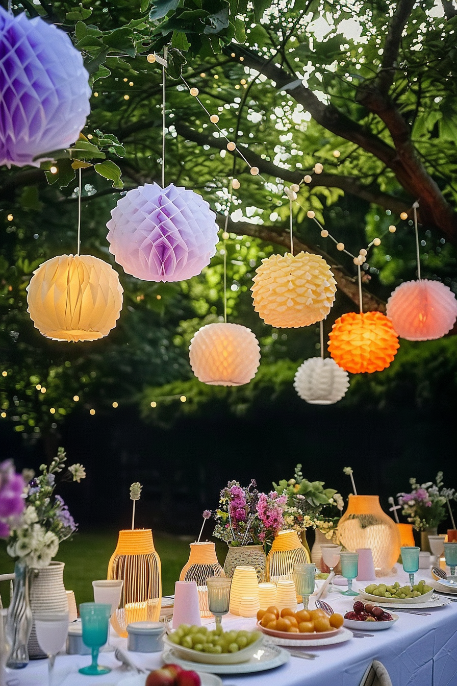 Colorful paper lanterns hanging above a table set with lamps and flowers in an outdoor evening setting.