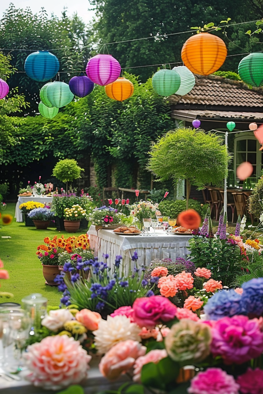 Colorful garden party setup with hanging paper lanterns above and tables surrounded by vibrant flowers in full bloom.