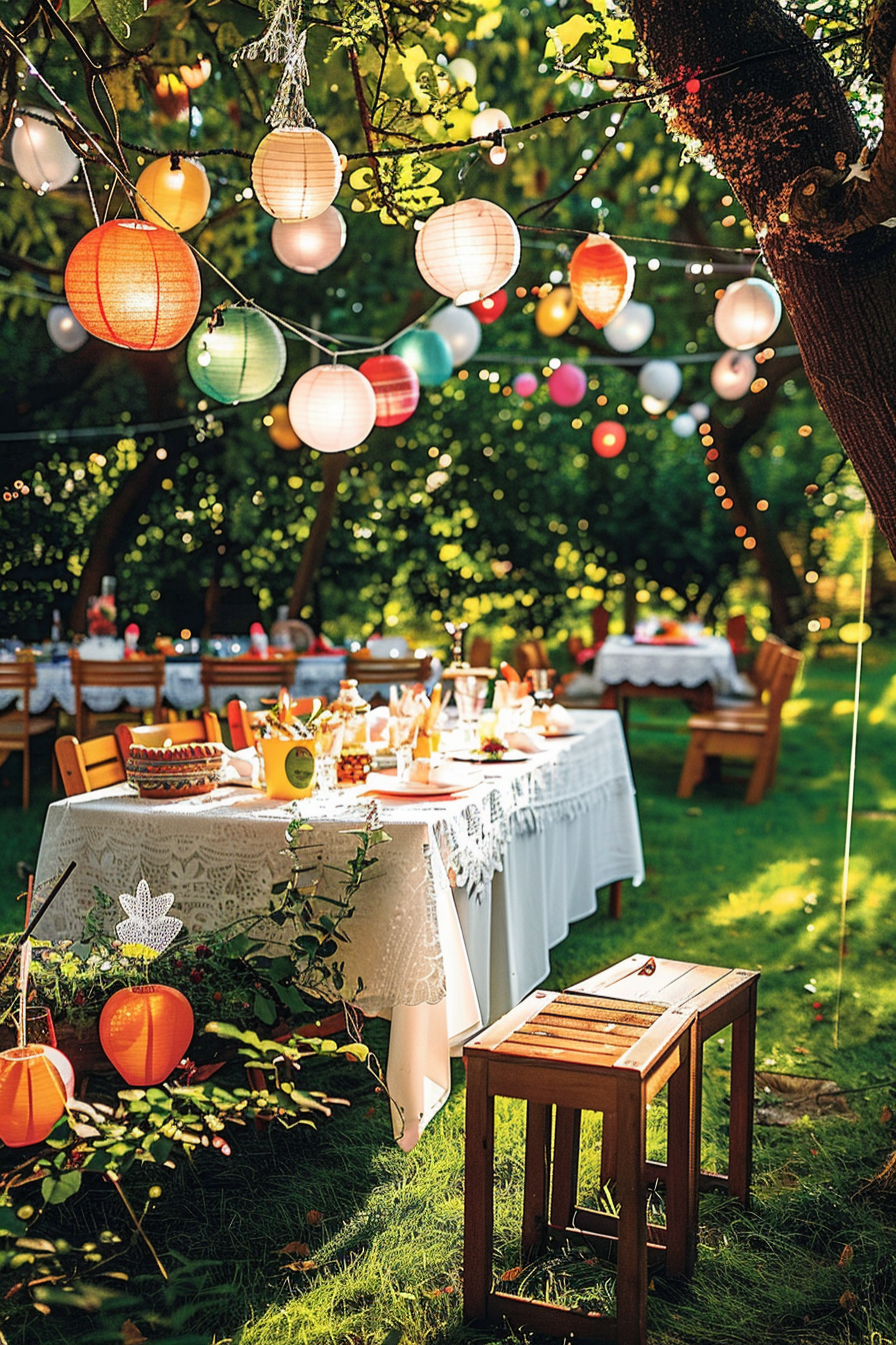Outdoor garden party setup with a table of food under a tree adorned with colorful lanterns and lights, conveying a festive atmosphere.