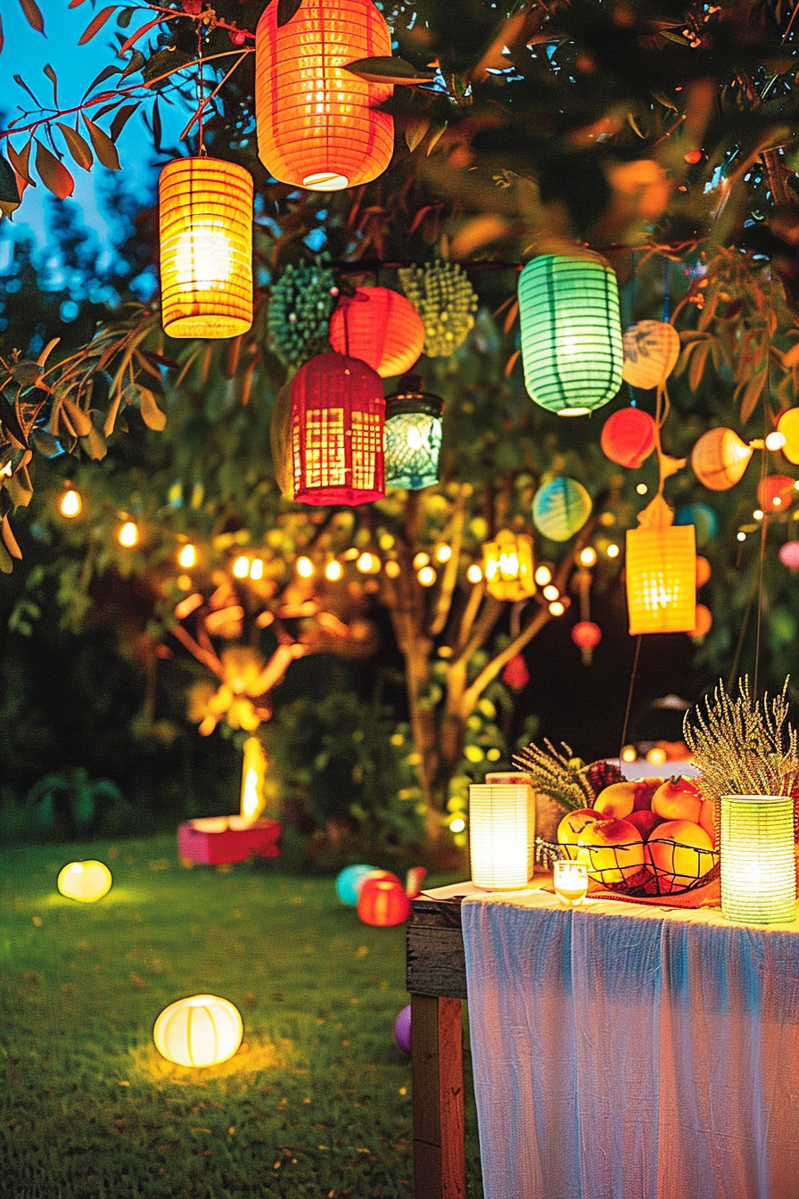 Colorful paper lanterns hanging from a tree in a garden at dusk with glowing orbs and a table with fruit.