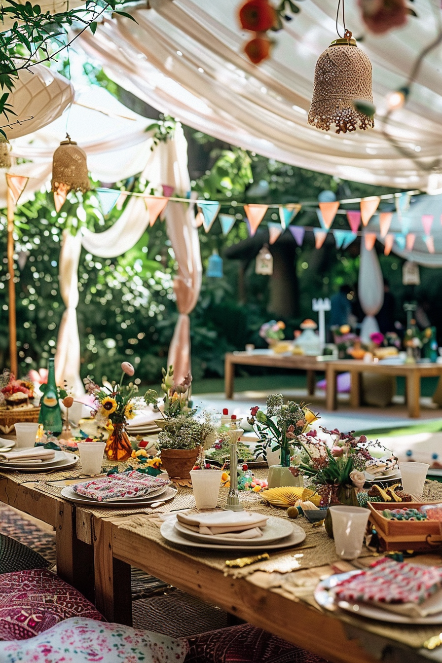 ALT: A beautifully decorated outdoor party setting with a wooden table, colorful garlands, flowers, and hanging lanterns, all under a canopy of fabric.