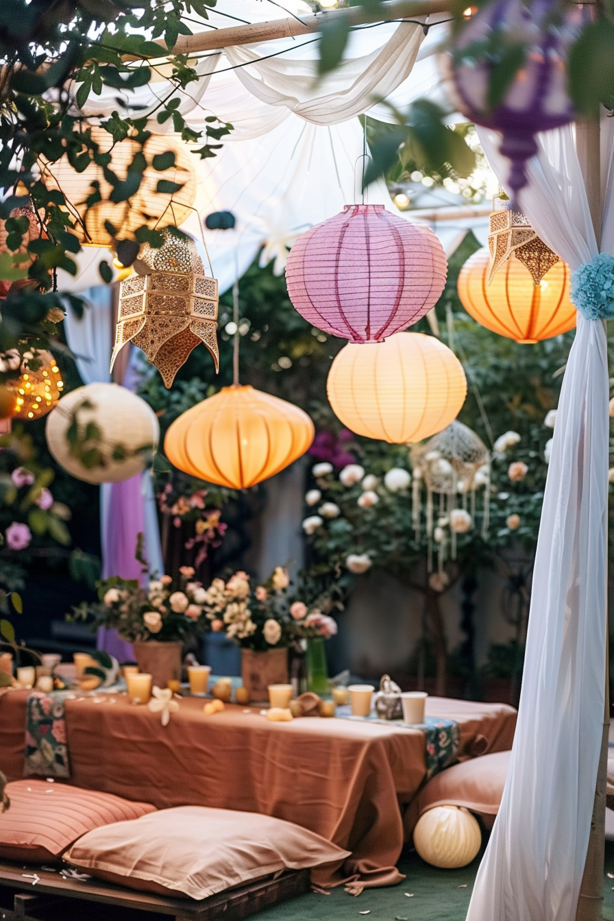 Outdoor event setting with colorful lanterns above cushioned seating area and tables adorned with flowers.