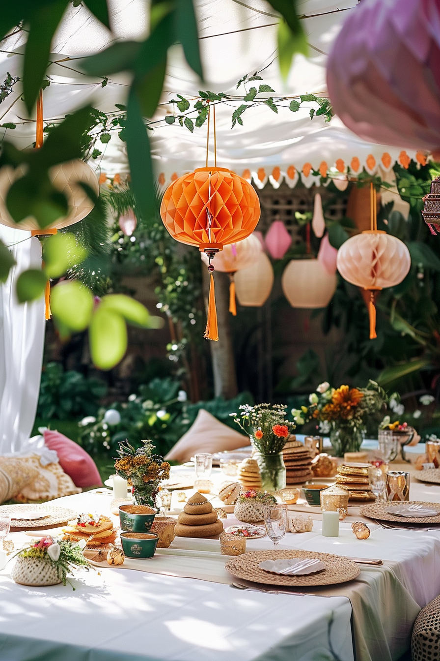 Elegant outdoor garden party setting with festoon lighting, hanging paper lanterns, and a table adorned with flowers, food, and vintage decor.