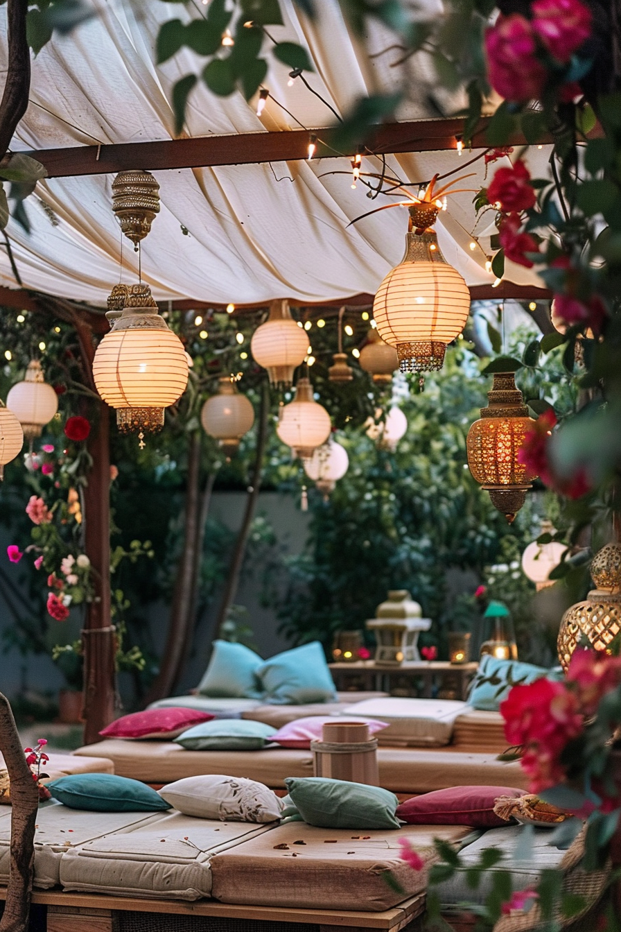 Cozy outdoor seating area with decorative lanterns, string lights, cushions, and flowers under a draped canopy.
