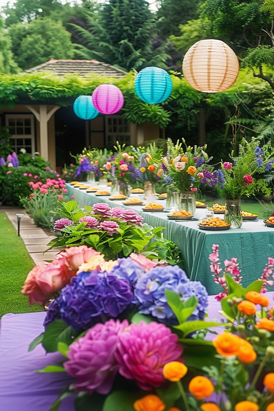 Colorful garden party setting with vibrant paper lanterns hung above tables adorned with fresh flowers.