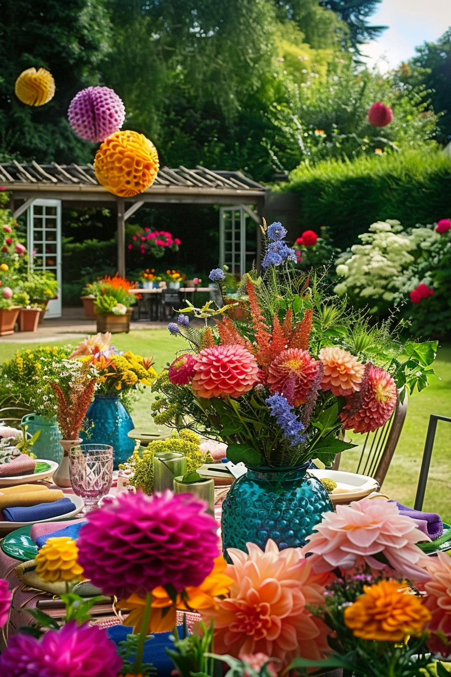 A vibrant garden setting with colorful paper lanterns hanging above and a table adorned with a variety of bright dahlias in full bloom.