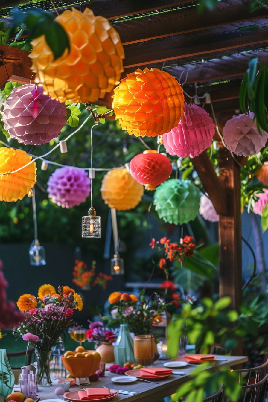 Colorful paper lanterns hanging above an outdoor dining table adorned with flowers and set for a meal.