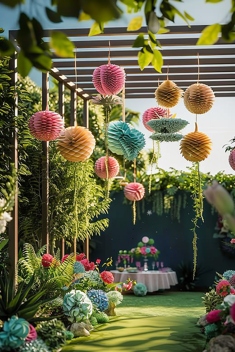 A lush garden with colorful hanging paper lanterns, vibrant flowers, and rich greenery, evidently set up for a celebration or event.