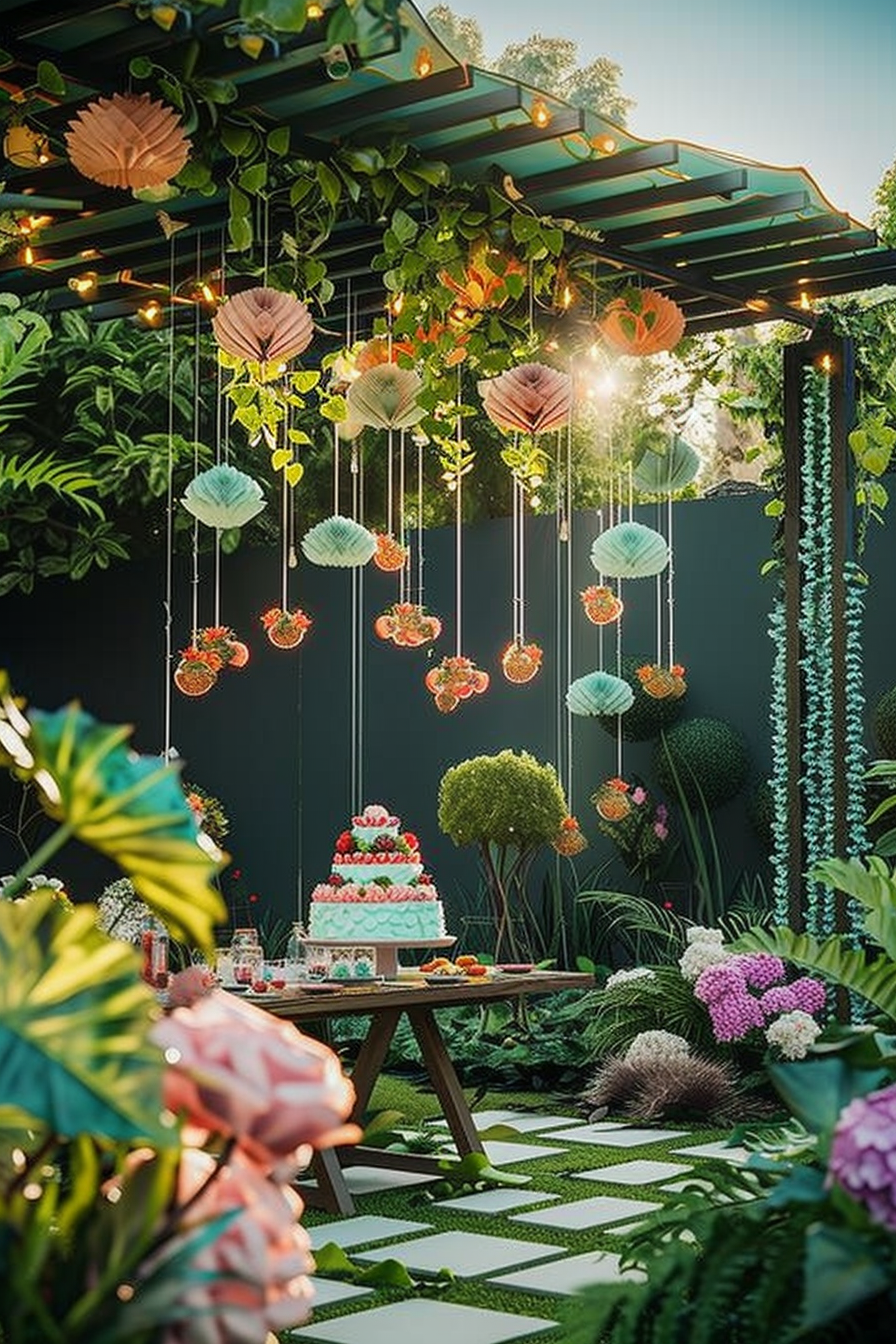 A festive garden setting with a decorated cake on a table under a pergola adorned with hanging paper lanterns, plants, and twinkling lights.