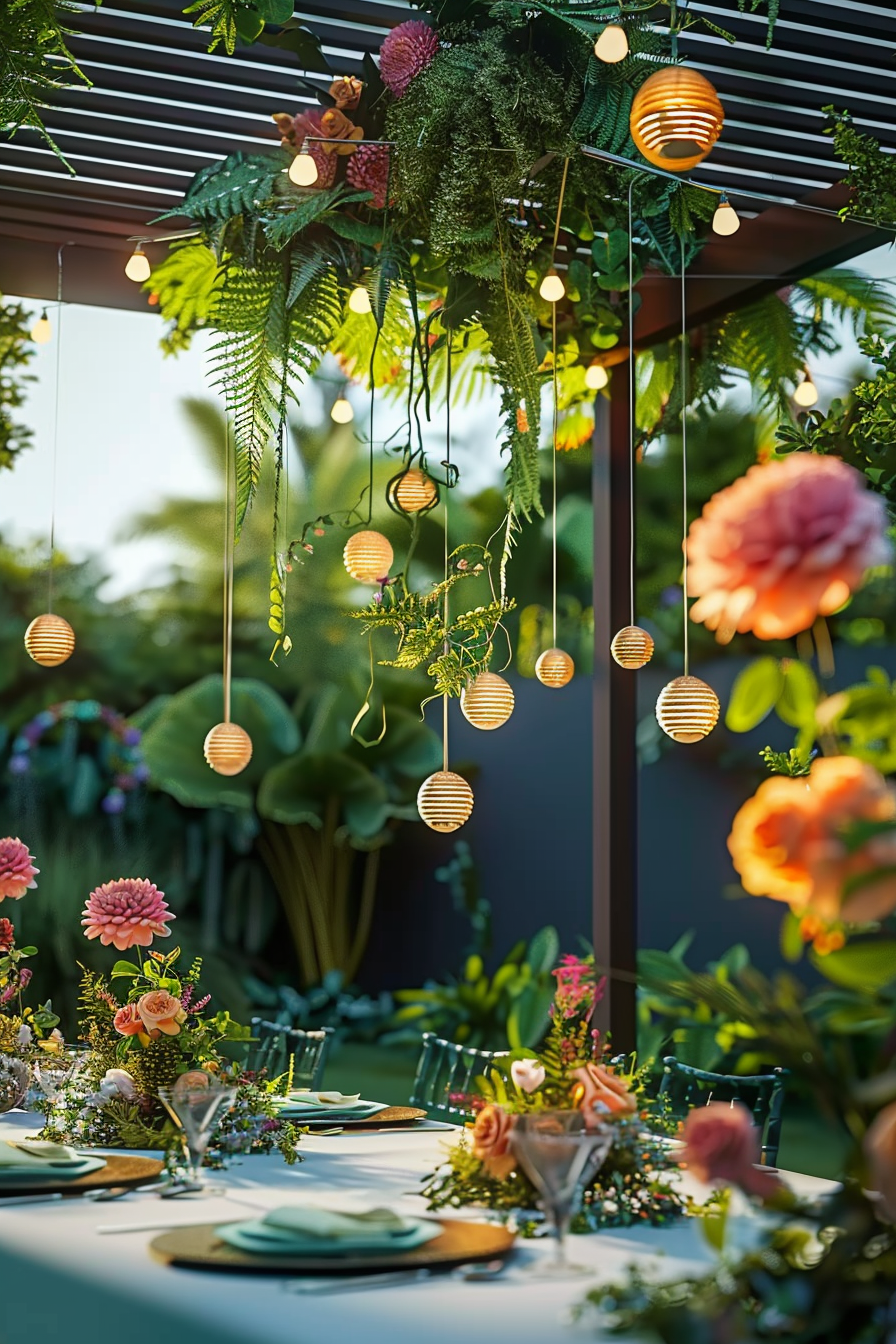 An outdoor dining setup with string lights, a floral centerpiece, and greenery against a twilight sky.