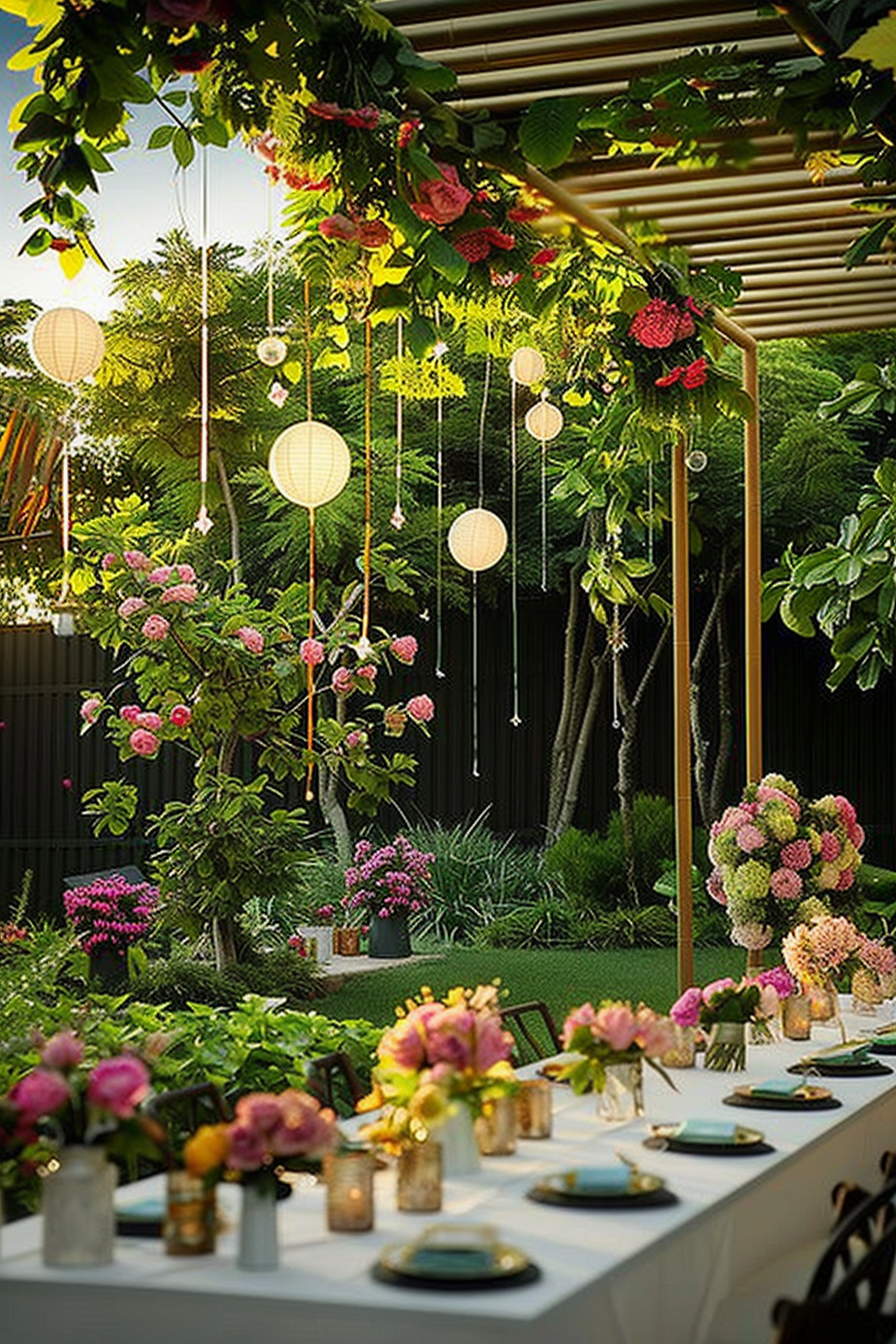 Outdoor dining setup under a pergola with hanging lanterns and a table adorned with flowers and elegant tableware.