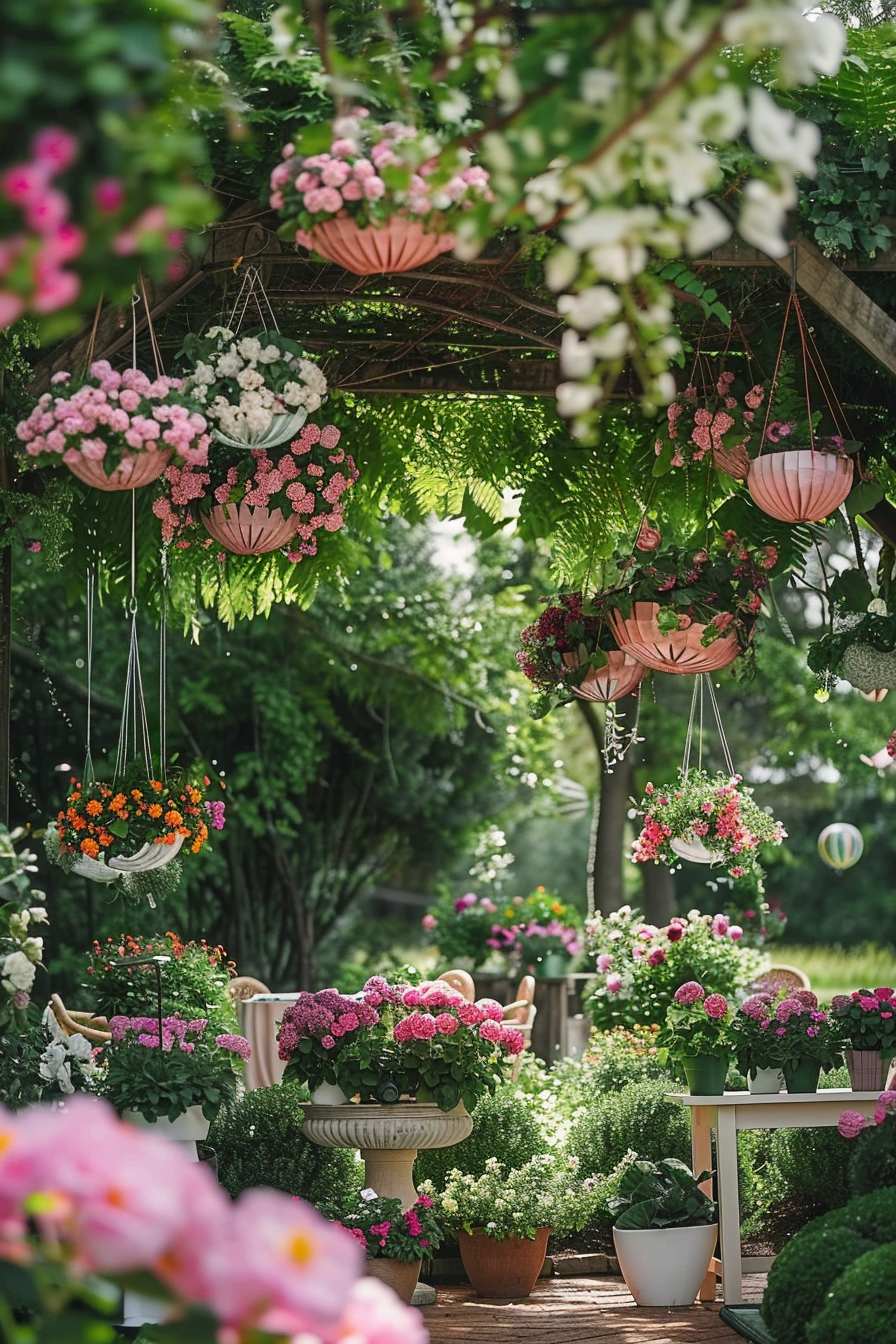 A lush garden pathway lined with vibrant hanging and potted flowers and greenery under a trellis.