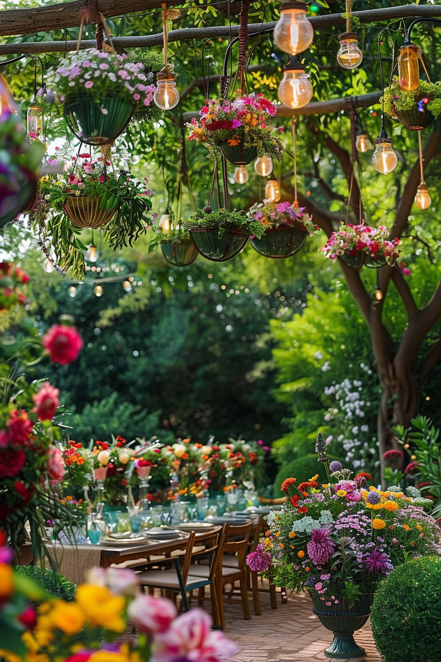 An outdoor dining area adorned with hanging flower baskets, Edison bulb string lights, and tables decorated with vibrant floral arrangements.