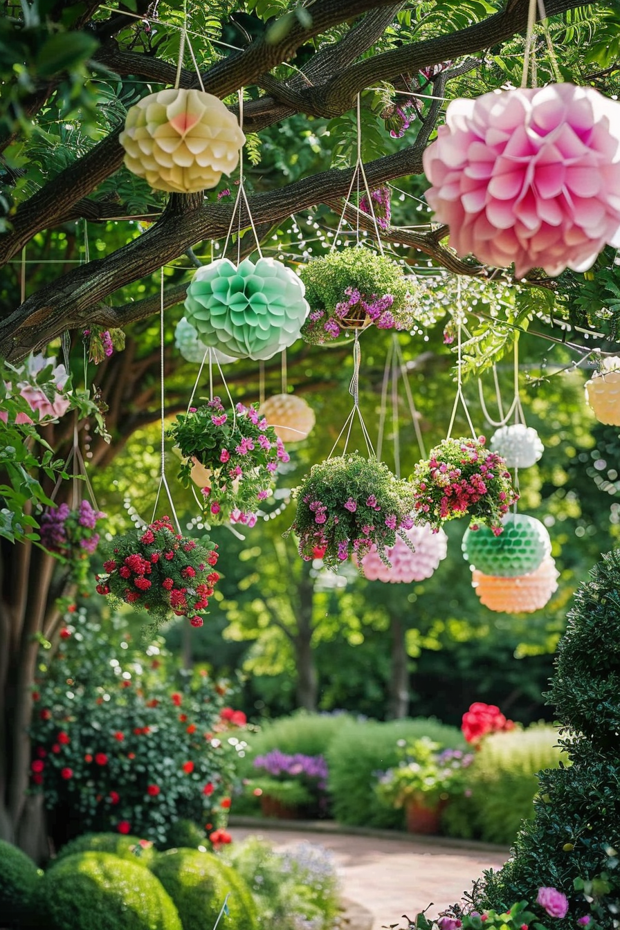 Colorful paper lanterns and hanging flower baskets adorn a pergola above a lush garden pathway.