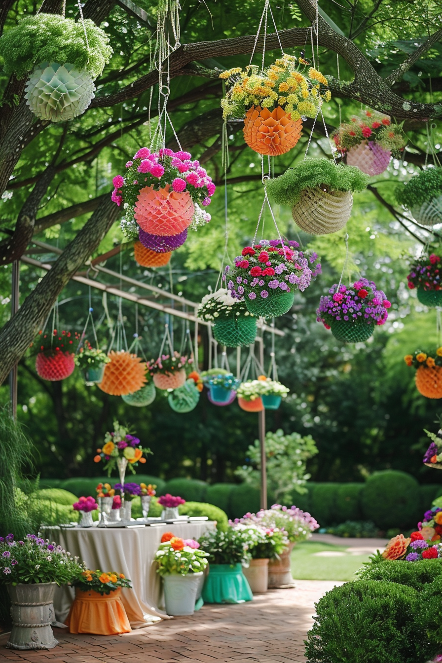Colorful hanging flower baskets and potted plants decorating a garden venue with a banquet table setup.