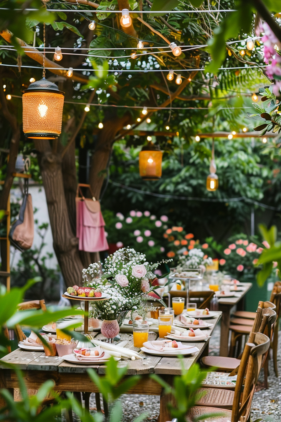 Outdoor dining setup with string lights and lanterns, a wooden table set with flowers and breakfast, surrounded by greenery.