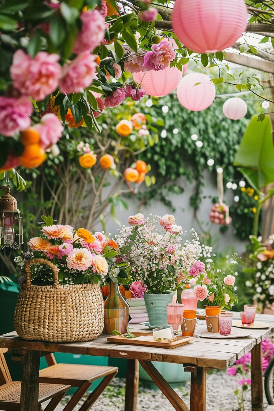 A cozy garden setup with a wooden table adorned with colorful flowers, candles, drinks, and hanging pink lanterns amidst lush greenery.