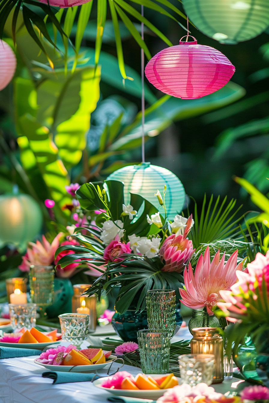 ALT text: A vibrant outdoor table setting with colorful paper lanterns, tropical flowers, and sliced fruit under lush green foliage.