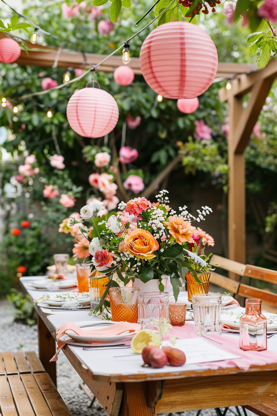 Outdoor dining table setting with pink paper lanterns, floral centerpieces, and string lights above.