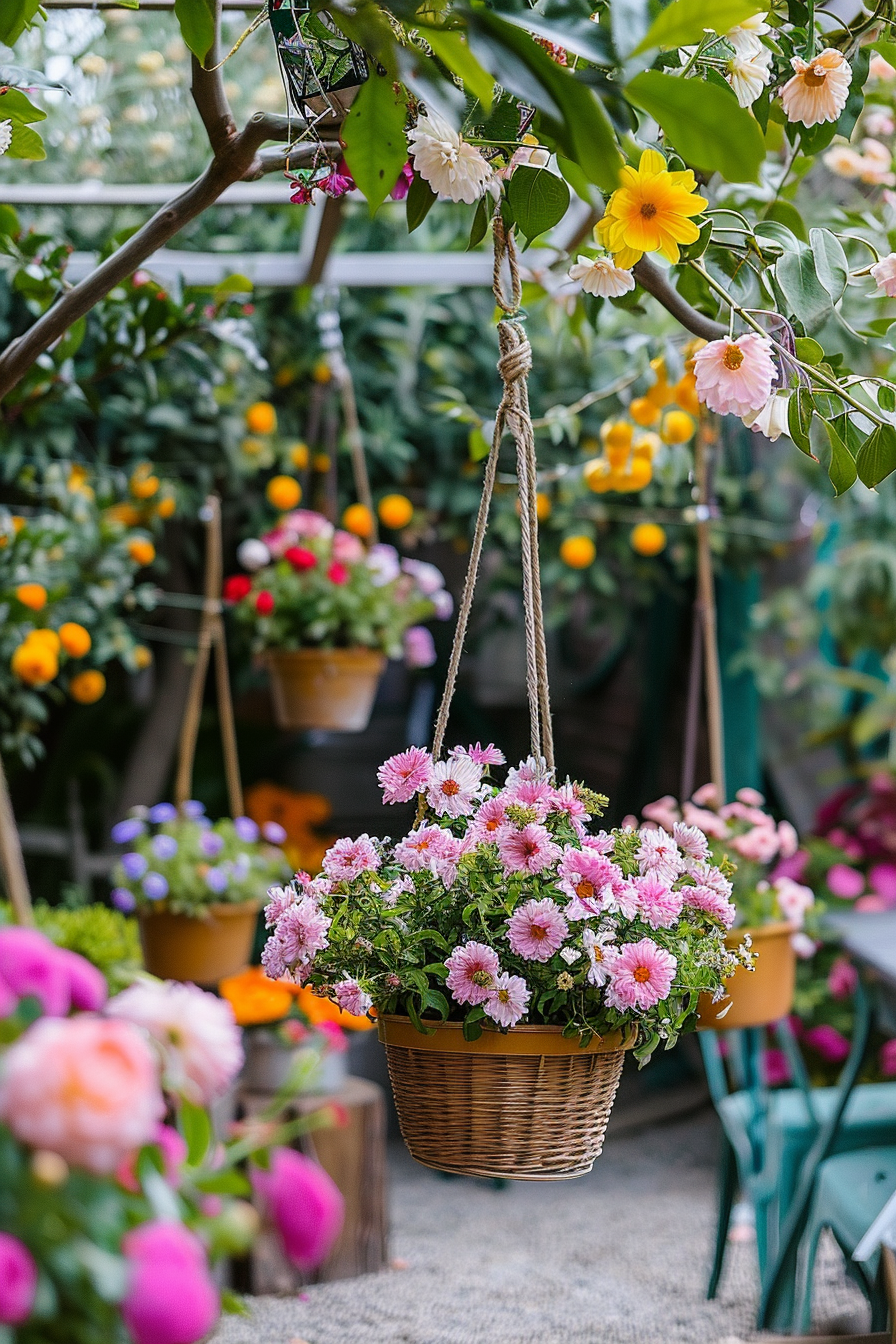 A hanging wicker basket filled with blooming pink flowers in a lush greenhouse with various colorful plants in the background.