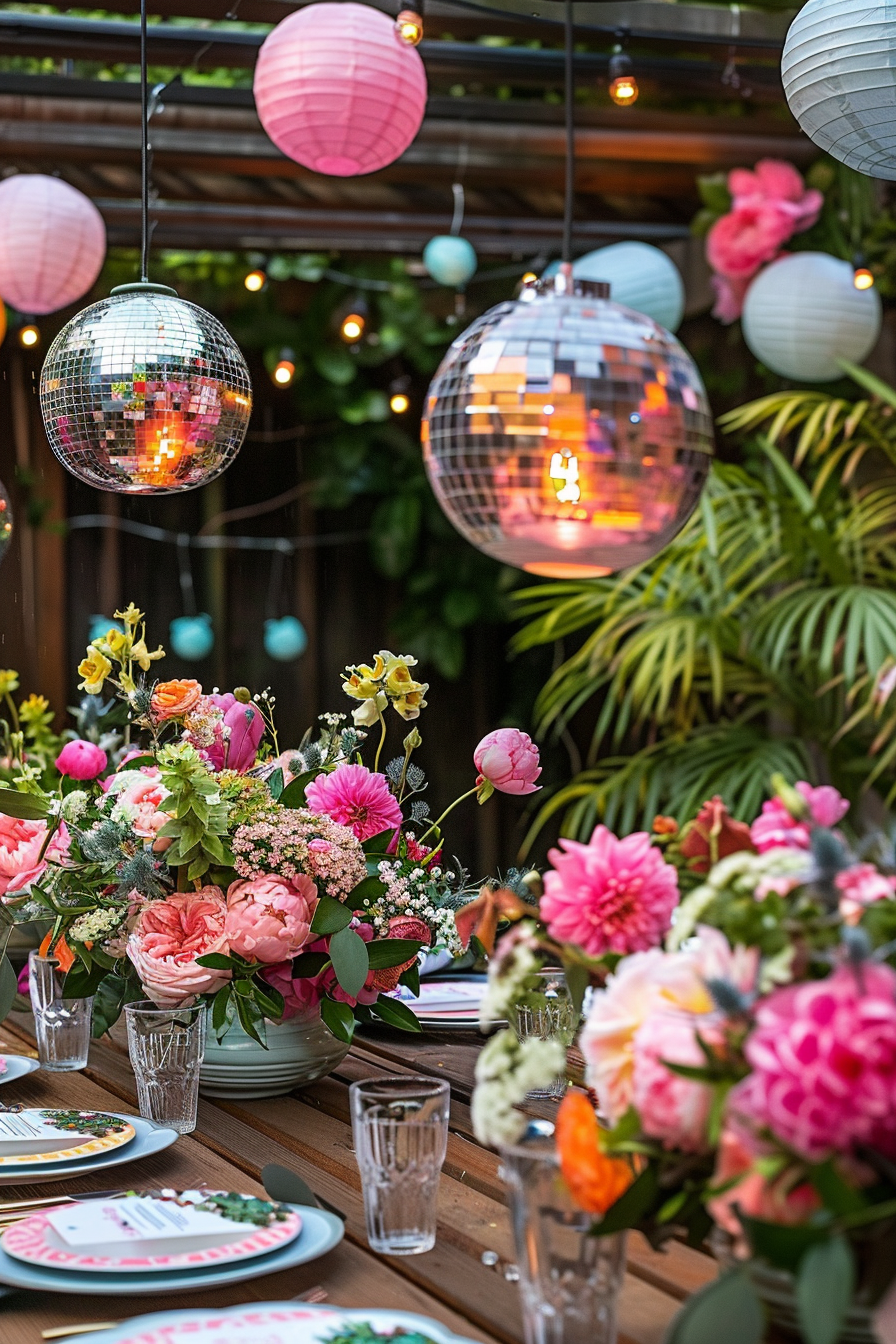 Outdoor party table setting with colorful paper lanterns and disco balls hanging above, and a vibrant floral centerpiece.