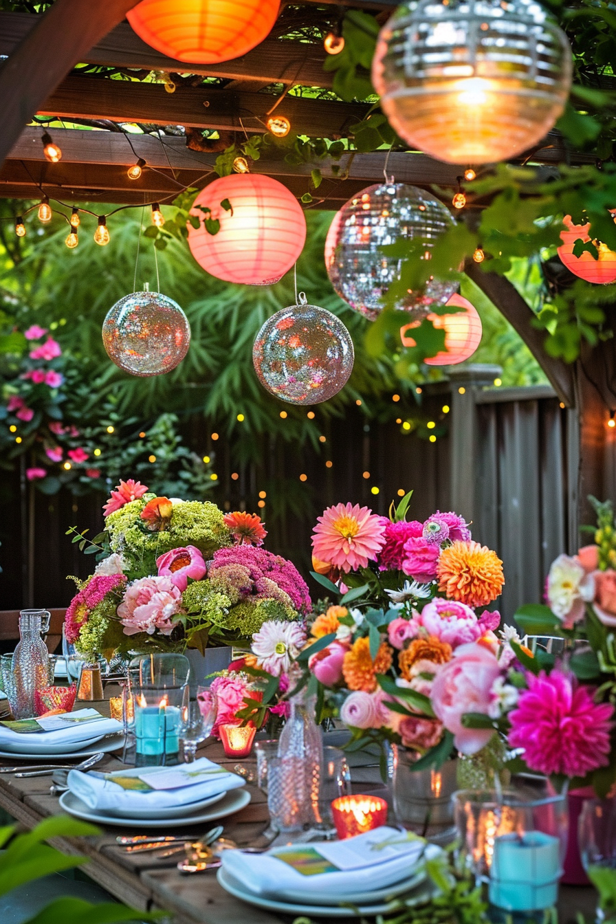 Outdoor dining setup with string lights, hanging lanterns, and disco balls above a table adorned with colorful flowers.