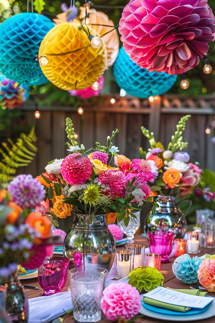 Colorful outdoor party decor with hanging paper lanterns, a vibrant floral centerpiece, candlelit tables, and twinkling string lights.