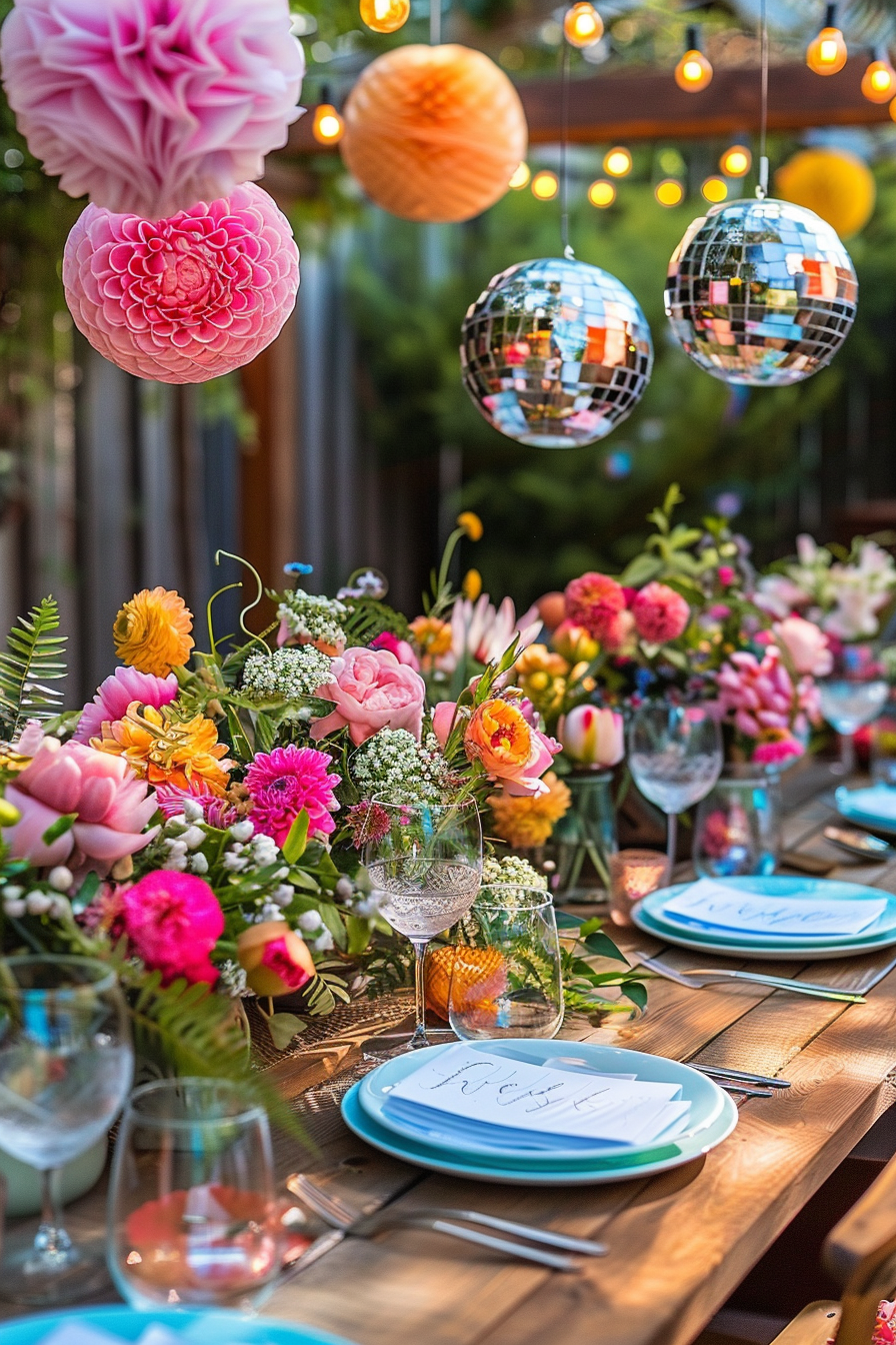 Vibrantly decorated outdoor party table with fresh flowers, hanging lanterns, and disco balls with some place settings in view.