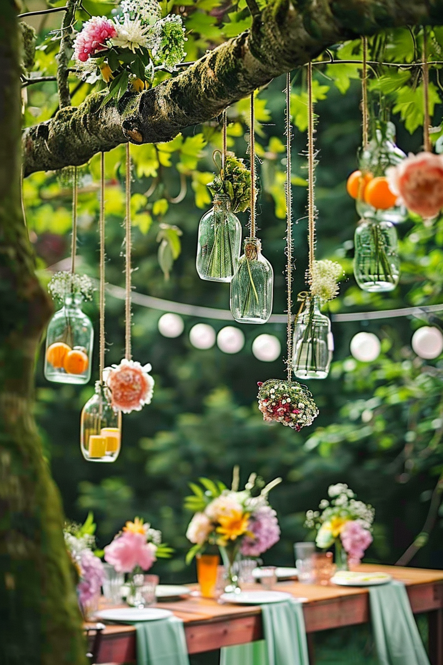 Decorative glass jars with flowers hanging from a tree branch above a festively set table in a garden setting.