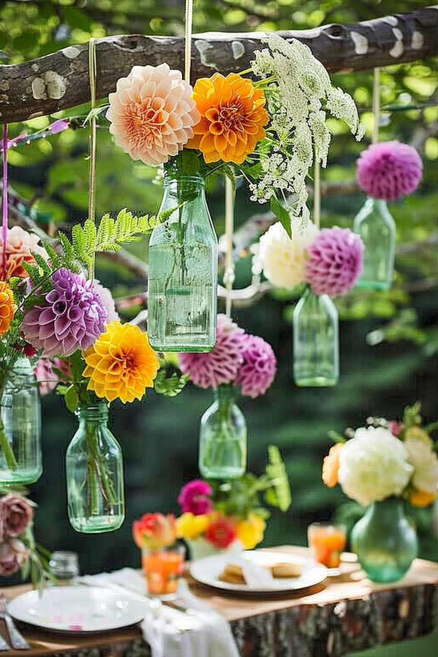 ALT: Colorful flowers arranged in hanging glass bottles above a rustic outdoor table setting, creating a whimsical garden atmosphere.