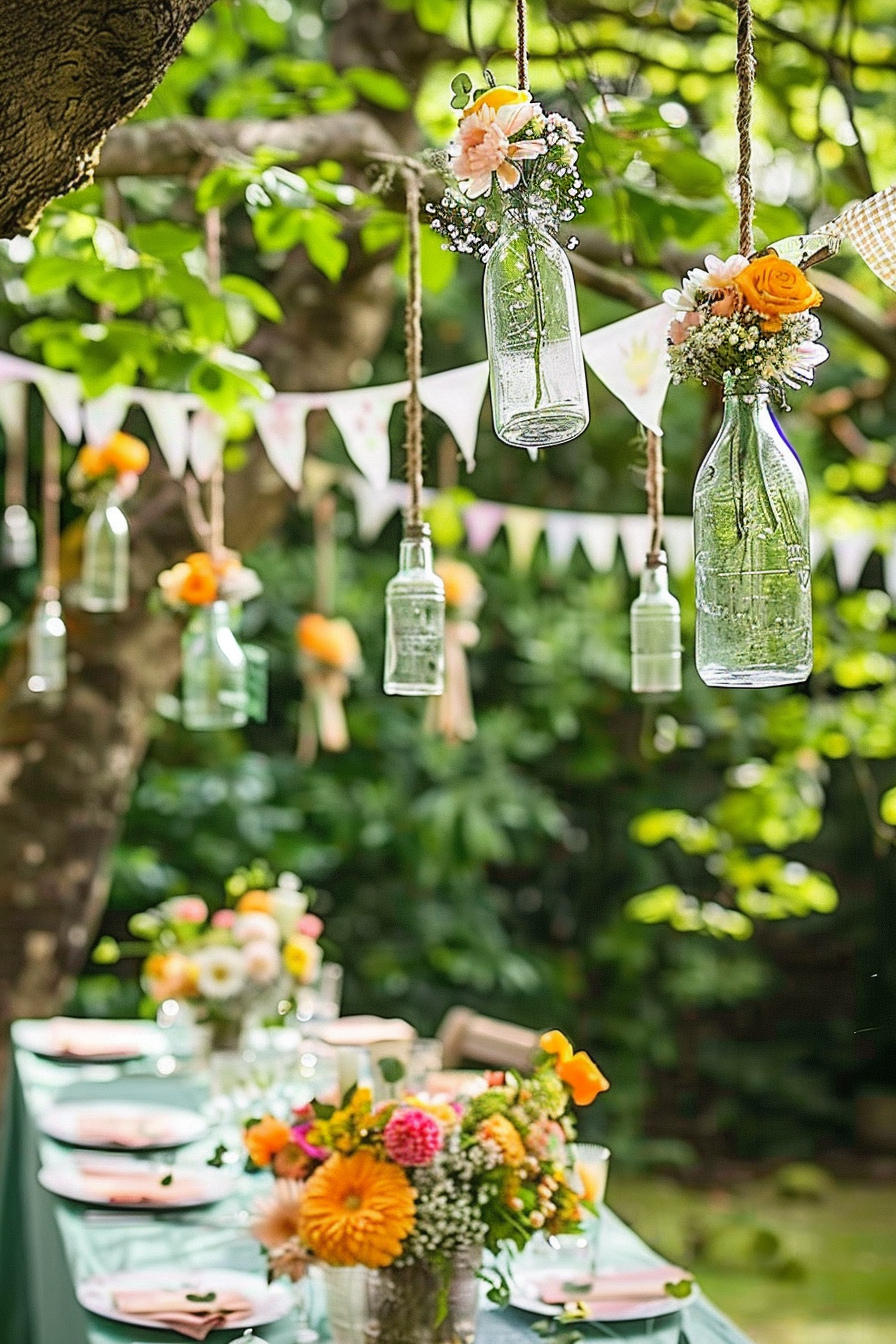 Alt text: "An outdoor table setting adorned with flowers, with glass bottles hanging above as decorative vases filled with blooms."