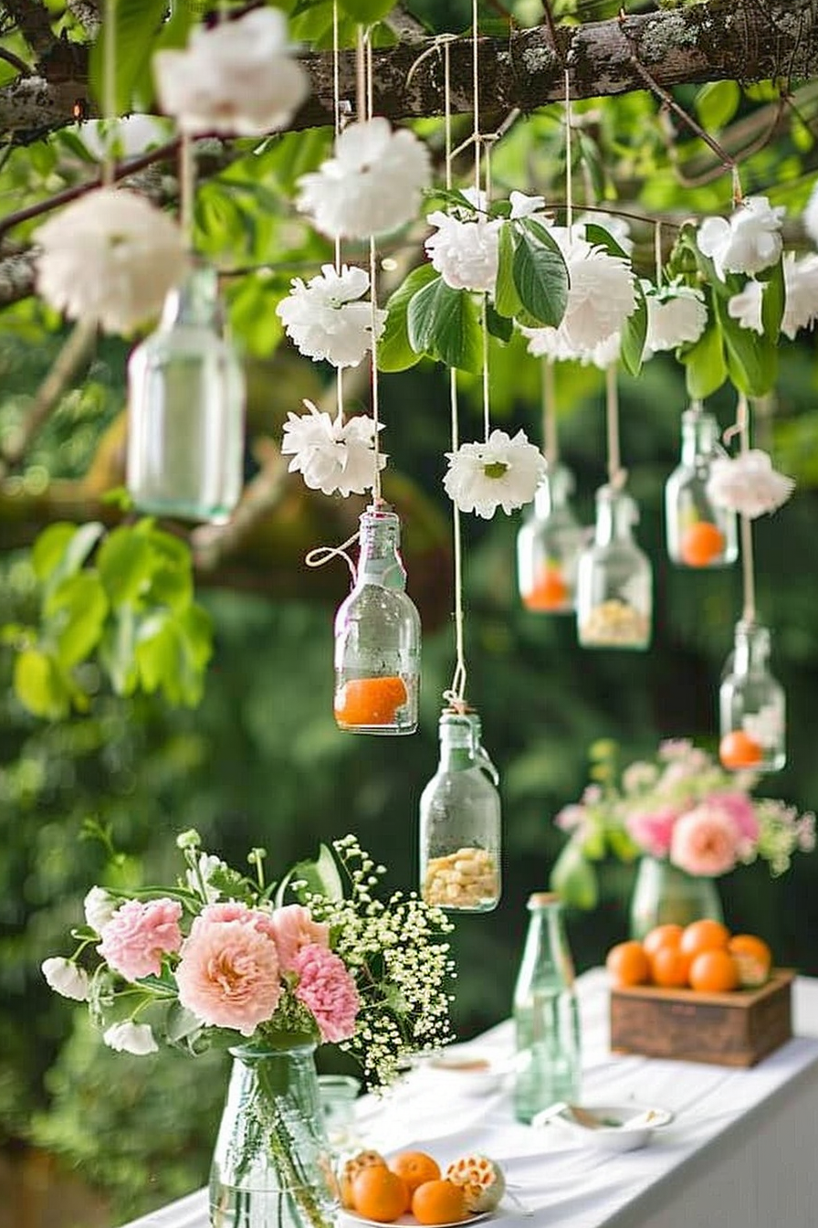 Bottles with flowers and fruits hanging from a tree branch above a table adorned with fresh flowers and fruit.