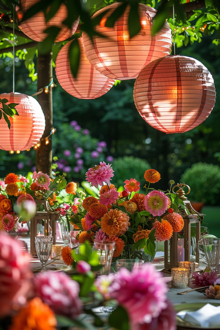 Elegant outdoor dining setup with pink paper lanterns hanging above a table adorned with vibrant orange and pink flowers.