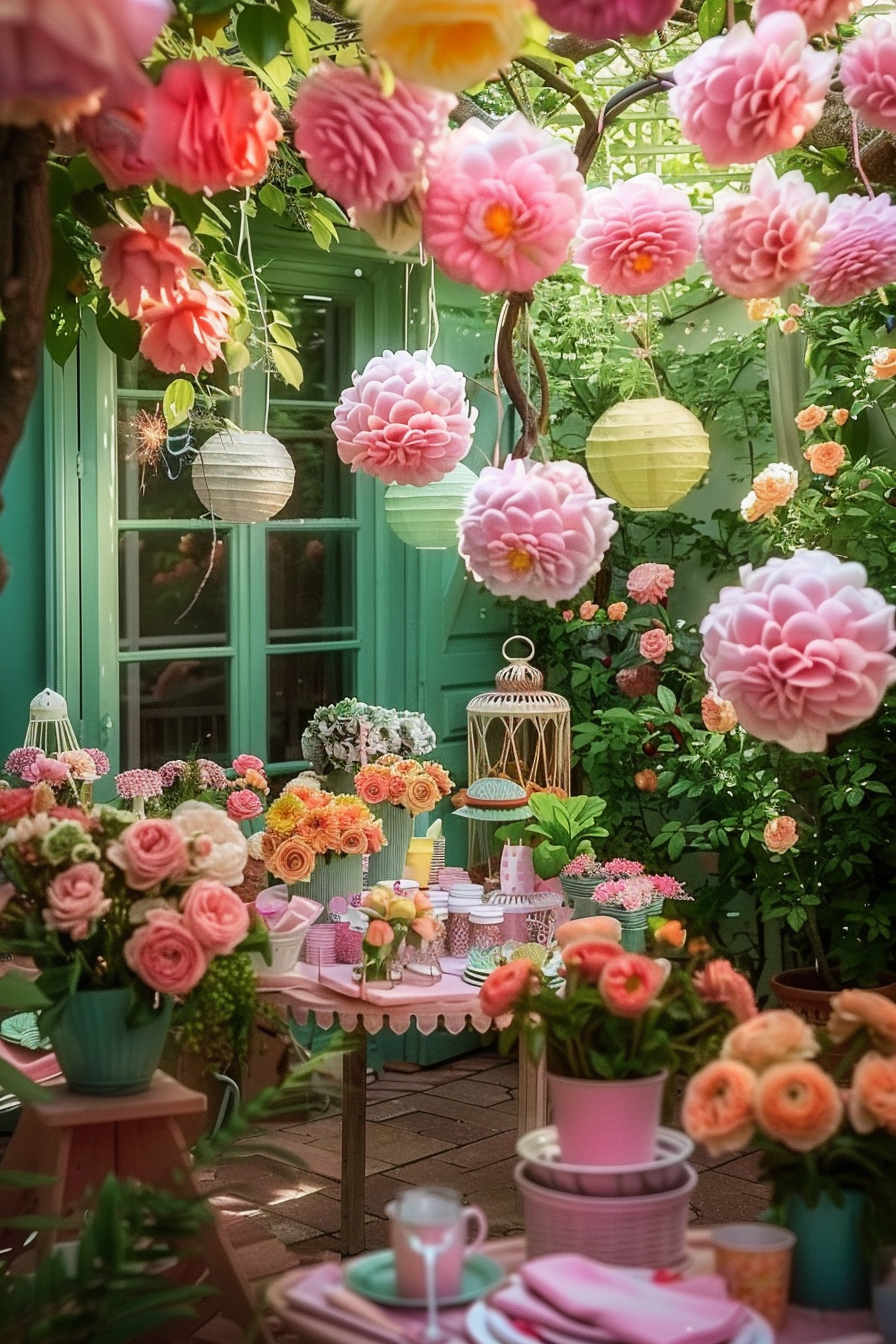 ALT Text: "A whimsical garden party setup with paper lanterns, flowers, and pastel-colored tableware beneath a canopy of blooming trees."