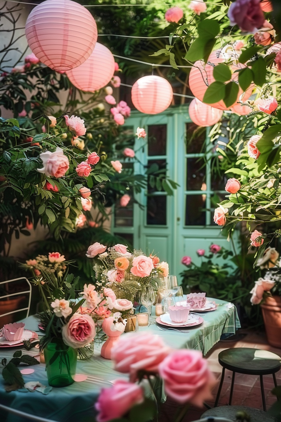A picturesque garden setup with hanging pink lanterns, blossoming roses, and a table set for tea amidst lush greenery.