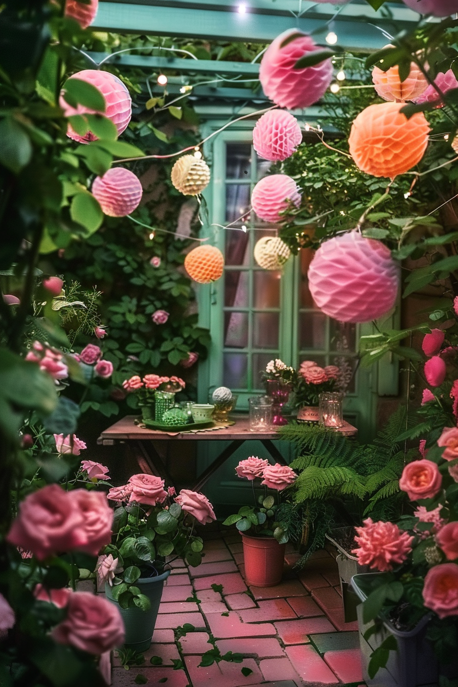 A cozy garden patio illuminated by string lights with colorful paper lanterns, surrounded by lush pink roses and greenery.