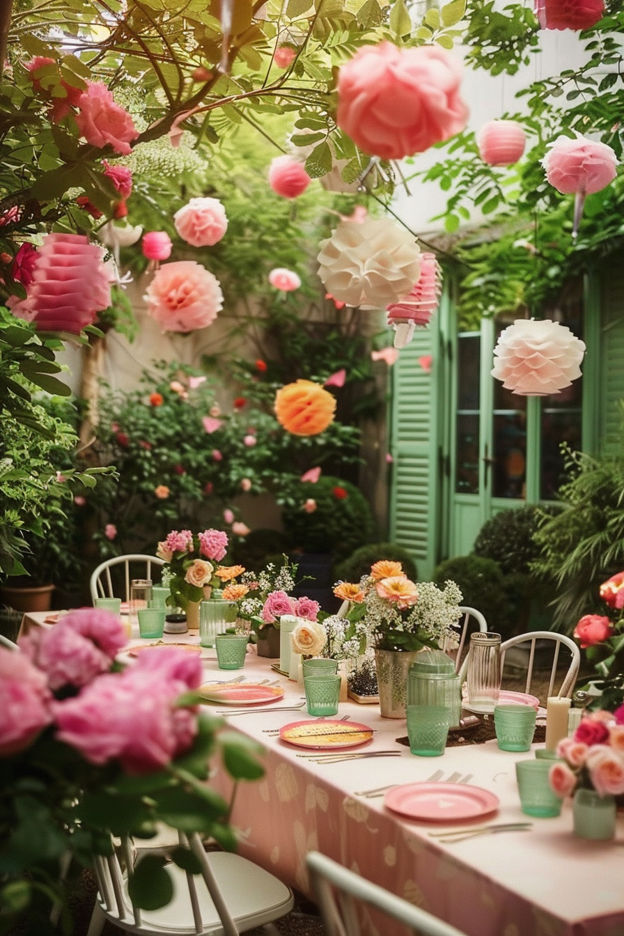 ALT: An outdoor garden party setting with paper lanterns, a table adorned with flowers, and vintage green glassware on a sunny day.