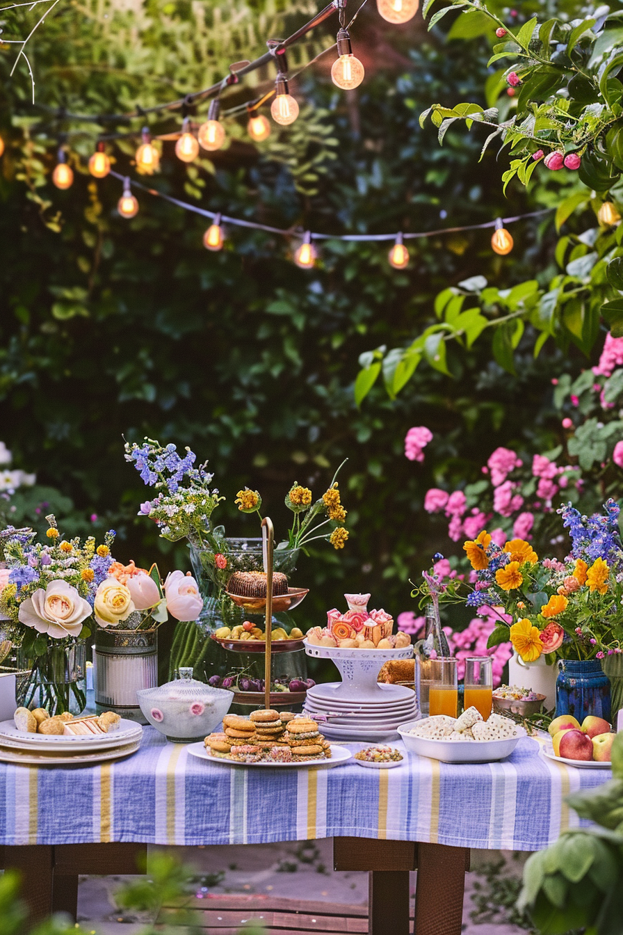 An outdoor garden table set with snacks and drinks, surrounded by colorful flowers and string lights.