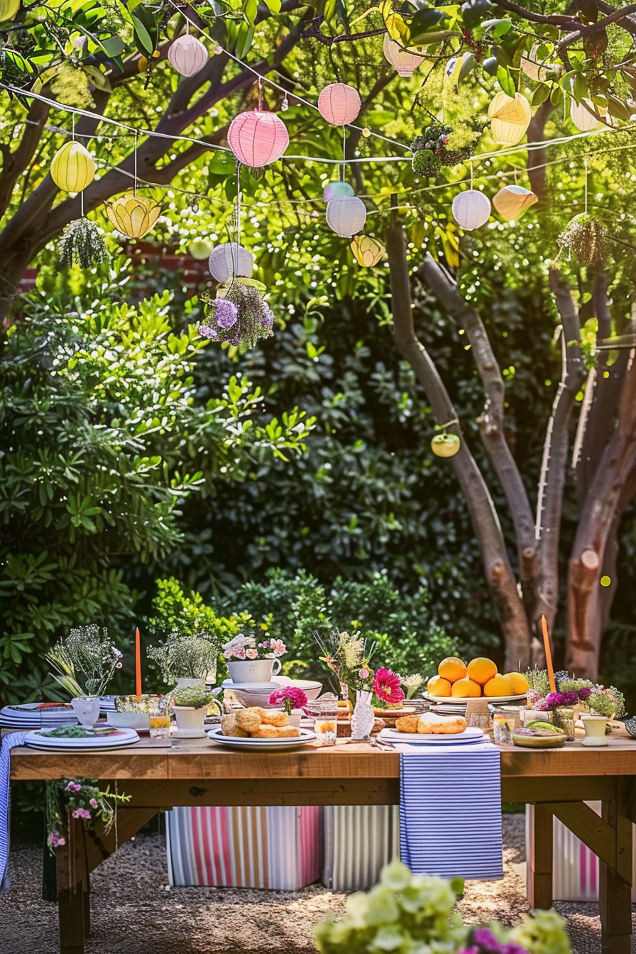 Garden party setup with a table adorned with colorful lanterns, food, flowers, and teacups under sunlit trees.