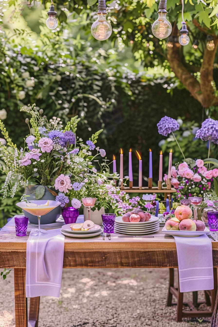 Elegant outdoor dining setup with lit candles, purple glassware, fresh peaches, and floral arrangements under hanging lights.