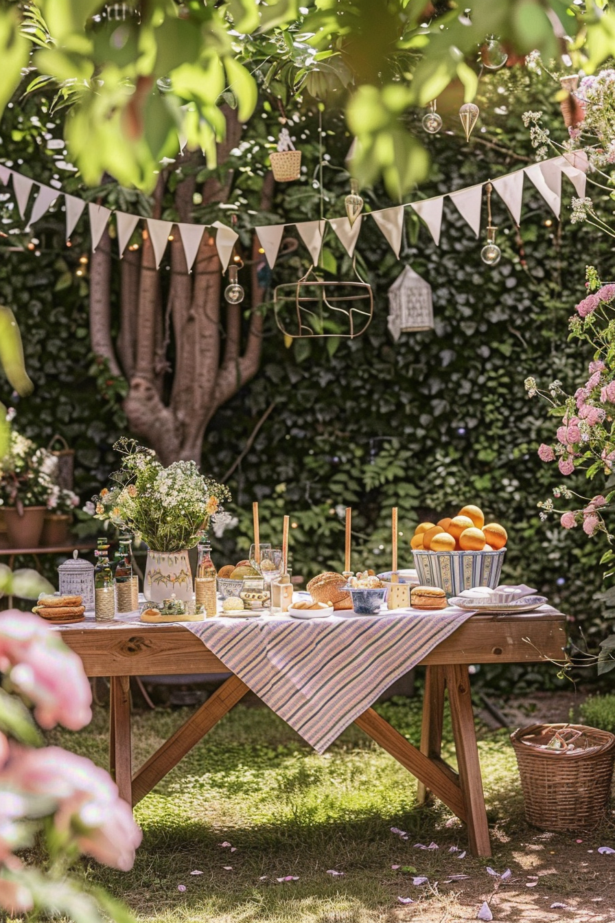 ALT: A sunny garden party setting with a rustic wooden table filled with food, drinks, and a bowl of oranges, decorated with bunting and lanterns.