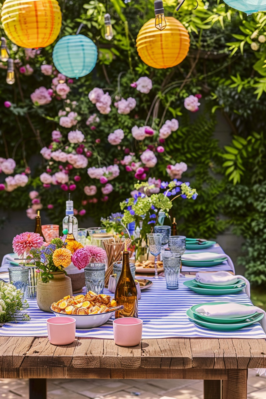 A colorful garden party setup with a table covered in a blue striped tablecloth, flowers, plates, glasses, and hanging paper lanterns.