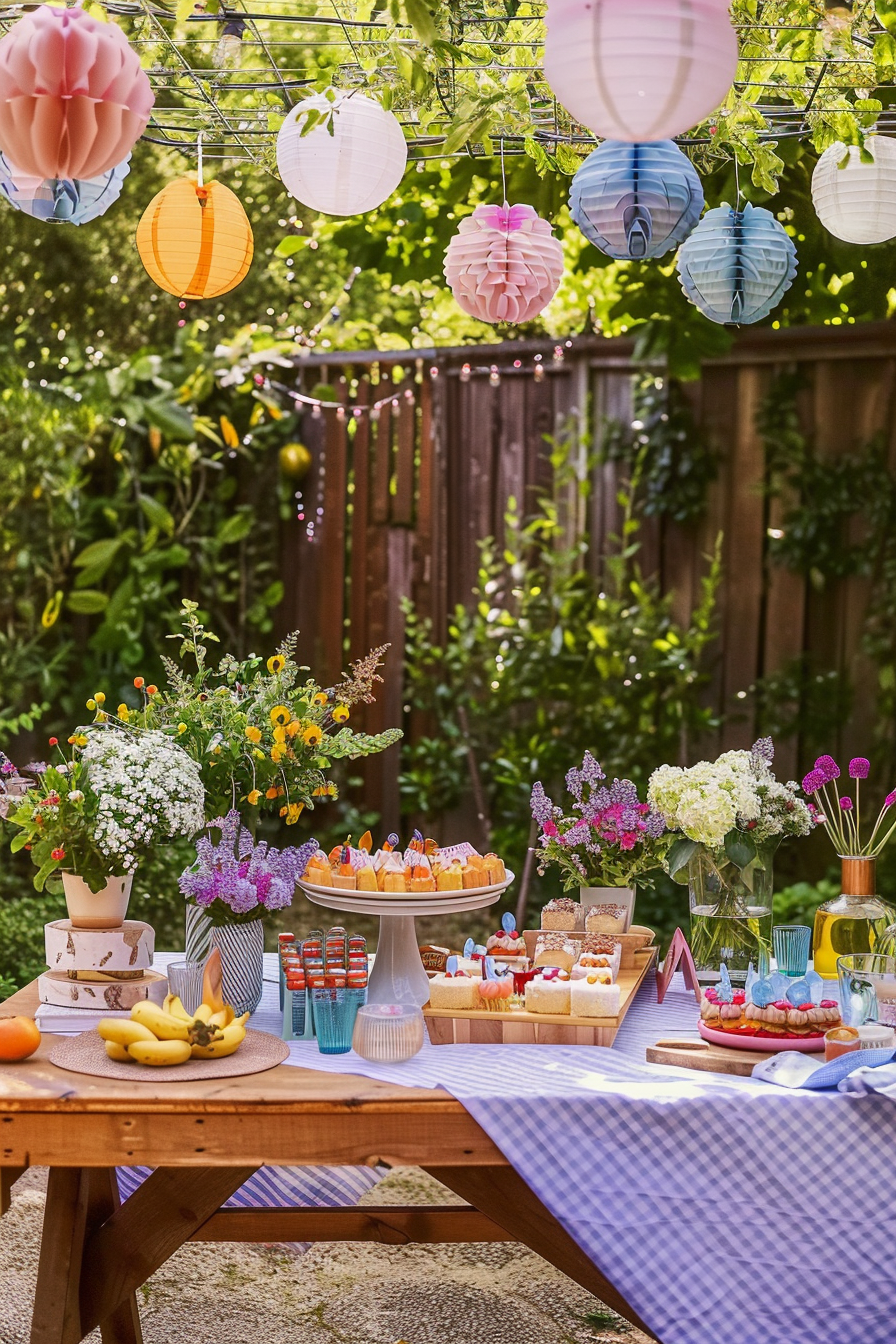 Outdoor garden party setting with colorful paper lanterns, a table laid with snacks and desserts, and fresh flowers in bloom.