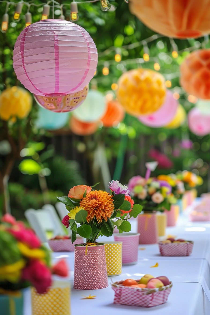 An outdoor party table with colorful paper lanterns above and fresh flowers in decorative cans, with fairy lights in the background.